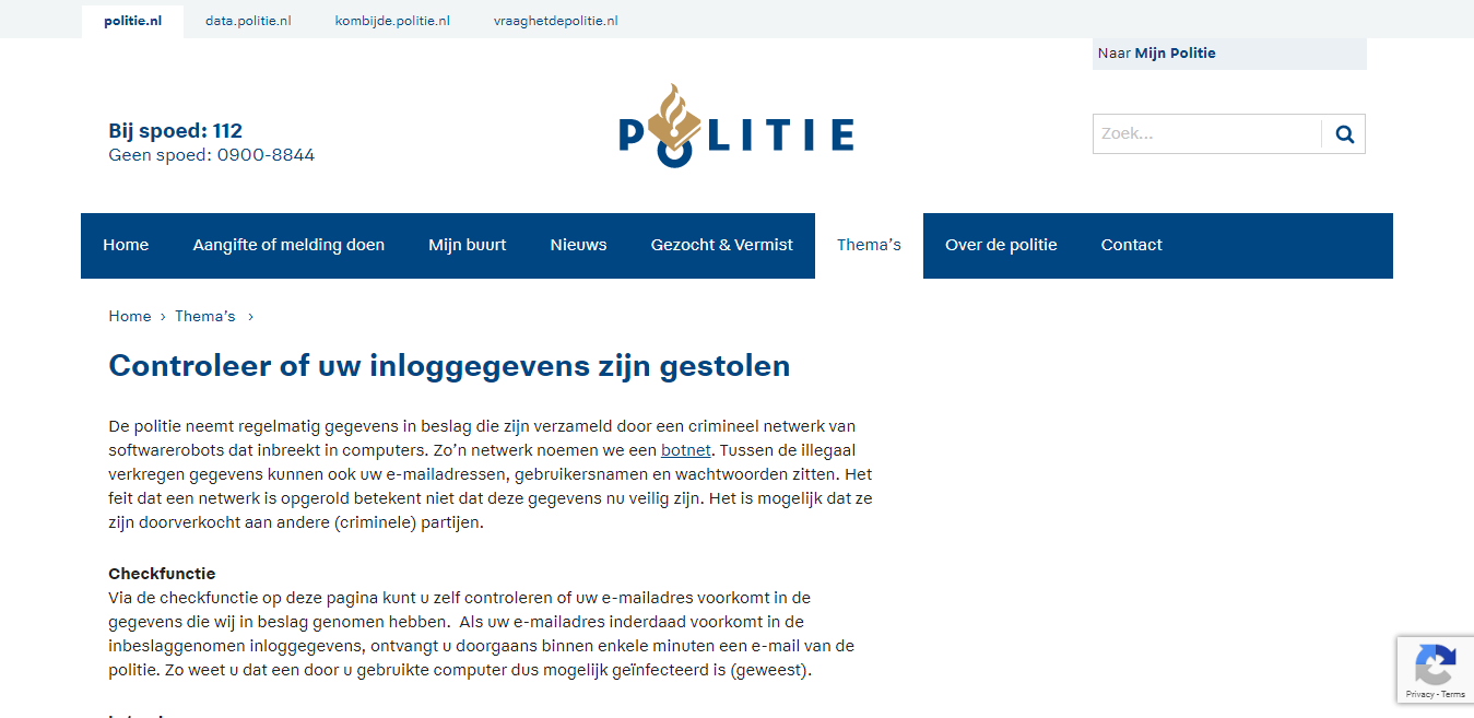 Schermafdruk van website Politie.nl